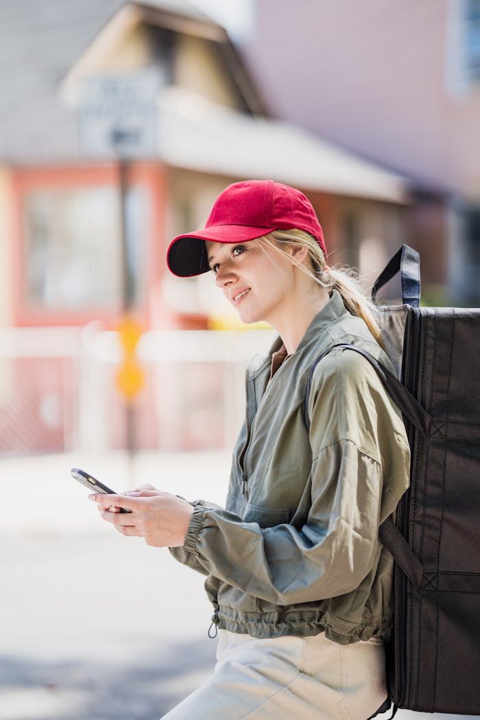 Young woman courier in a red cap checking her smartphone outdoors while delivering packages.